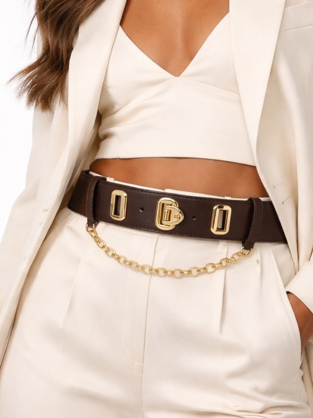 Lauren Ralph Lauren brown leather  Chain Belt Gold Hardware Luxury Waist Belt XS